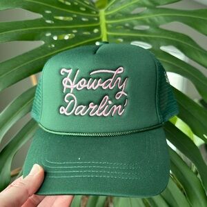 Green Trucker Hat with Pink Embroidery